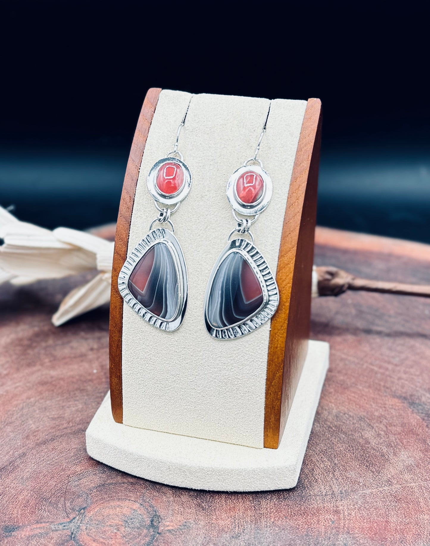 Botswana Agate and Rhodorosite Sterling Silver Earrings