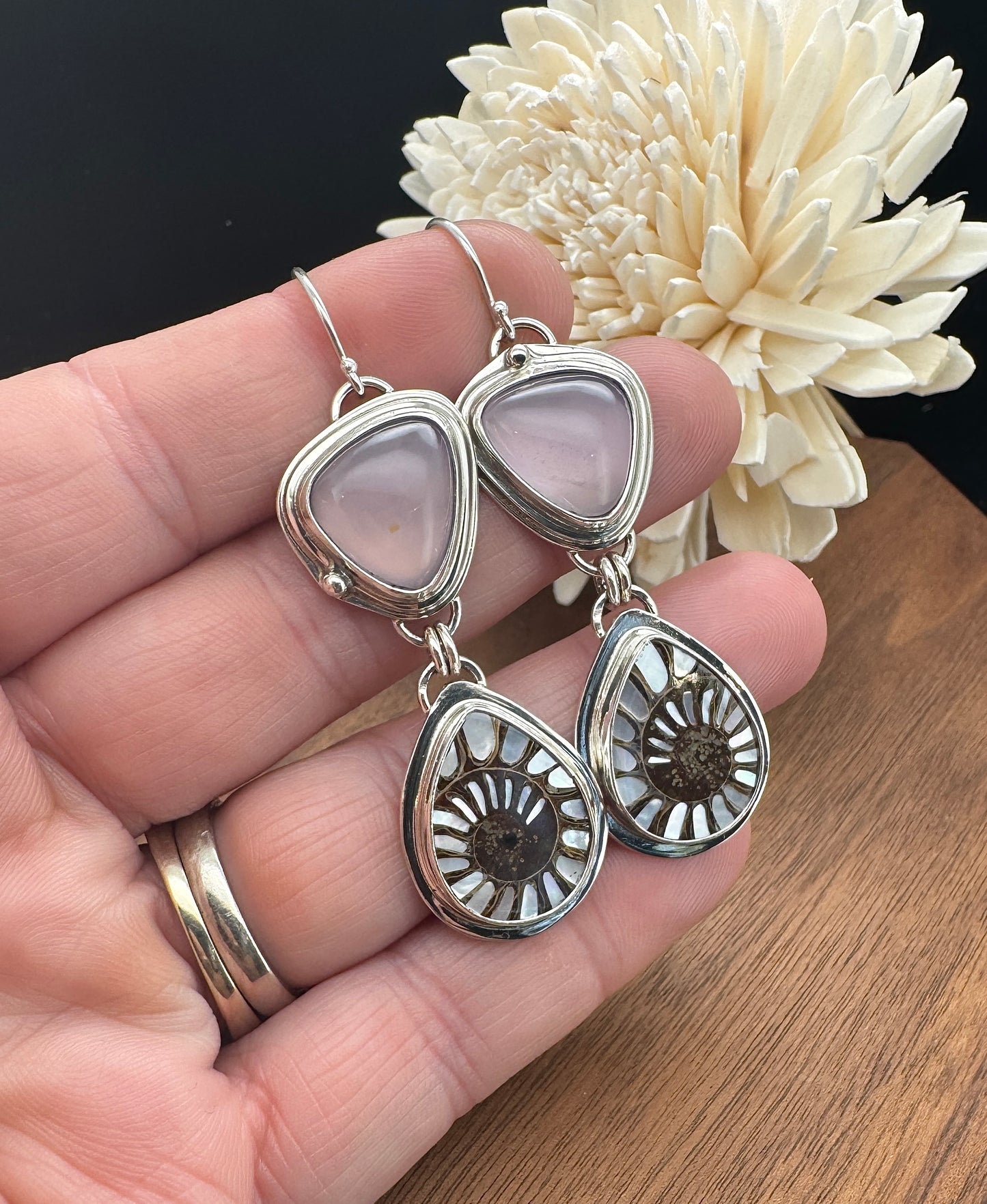 Ammonite with Mother of Pearl Inlay and Lilac Chalcedony Earrings