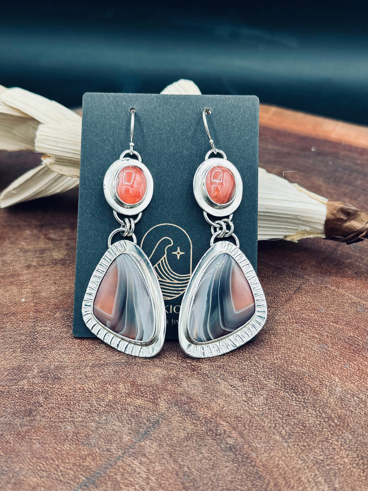 Botswana Agate and Rhodorosite Sterling Silver Earrings