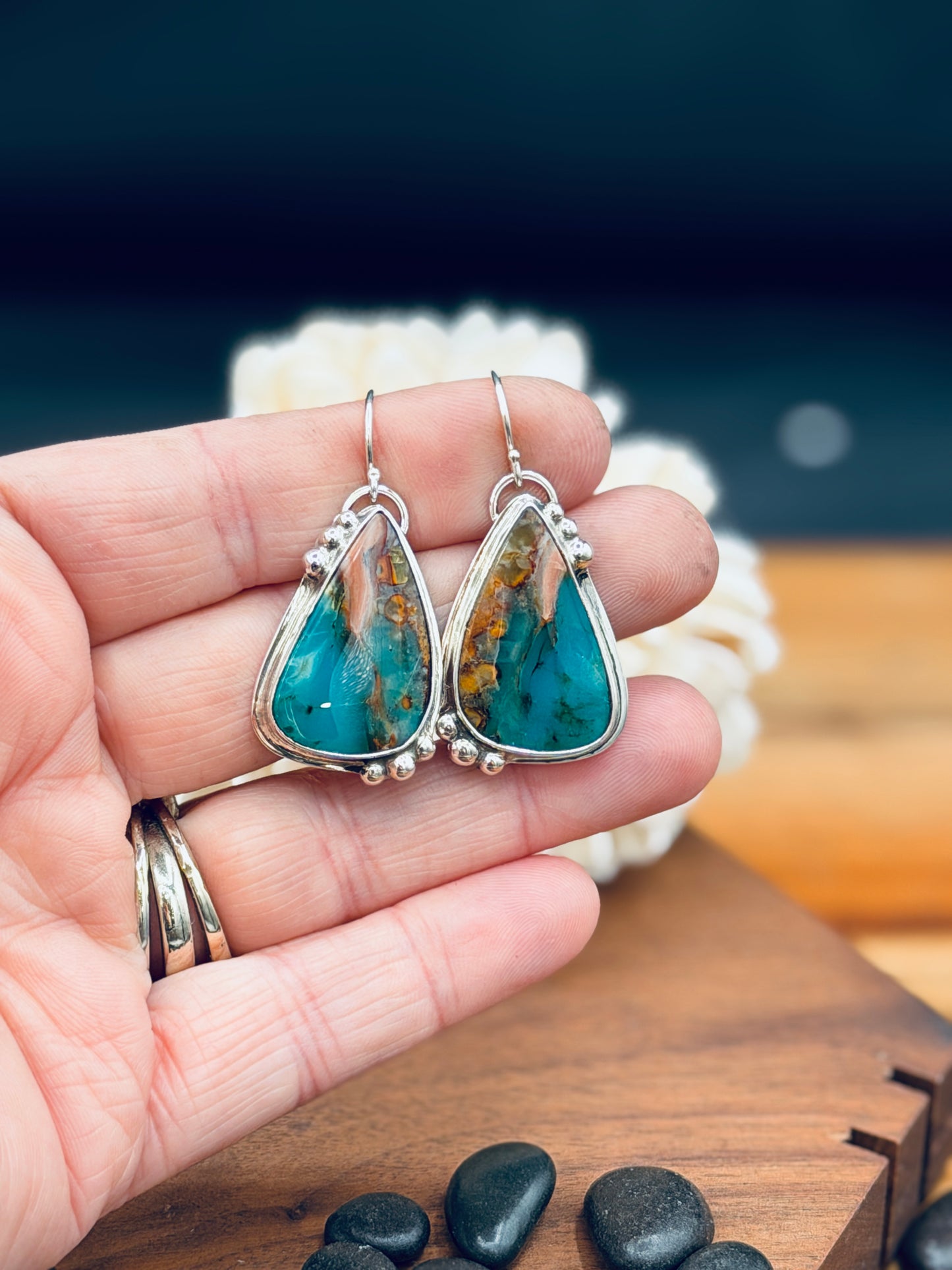 Sterling Silver Blue Opalized Wood Earrings