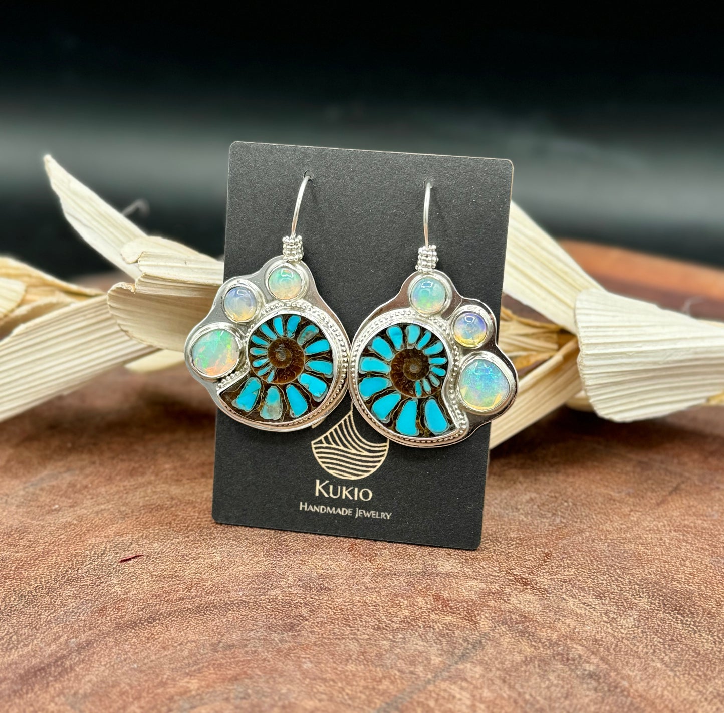 Ammonite with Turquoise Inlay and Opal Earrings