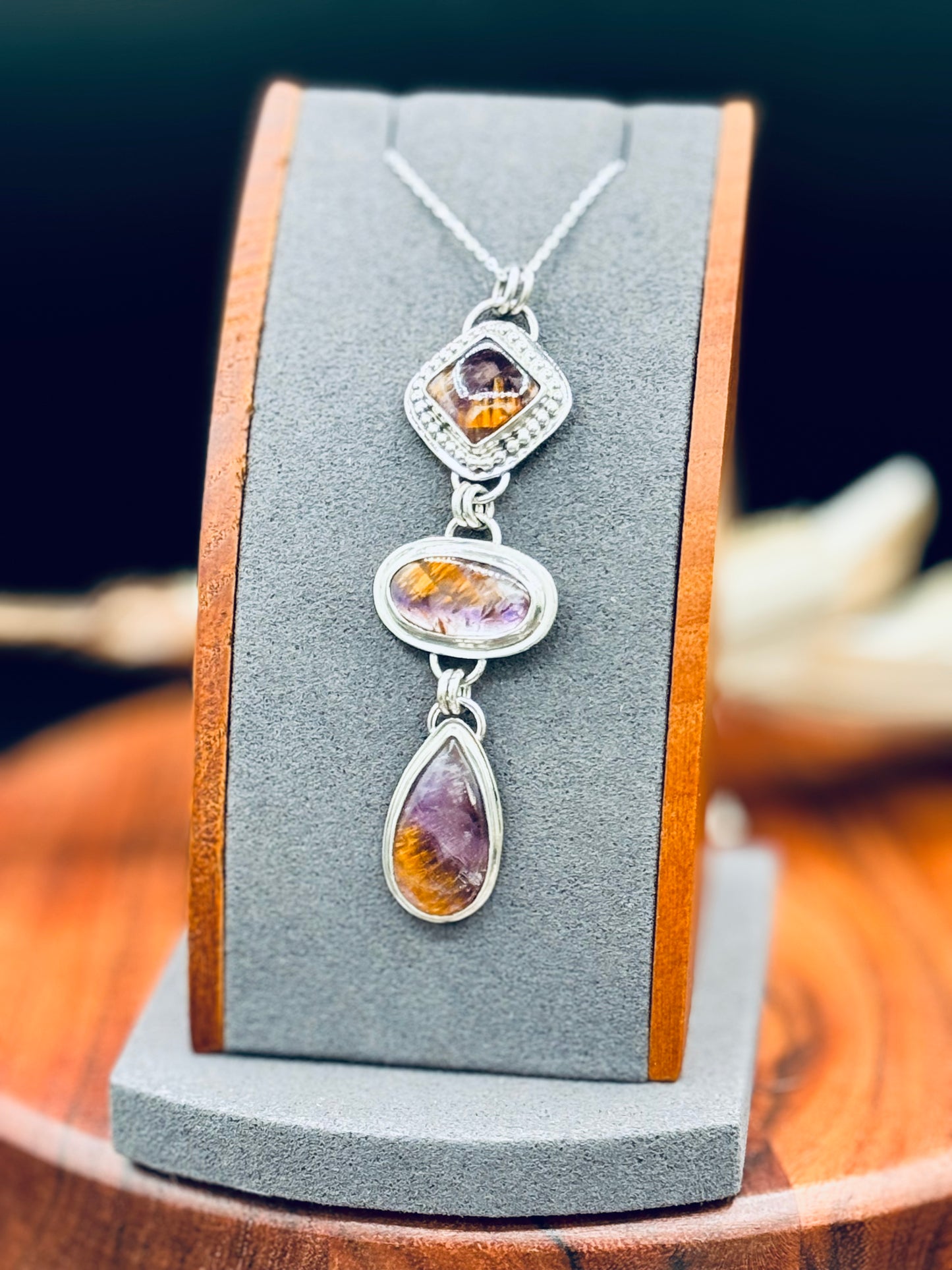 Rare Super Seven Amethyst with Cacoxenite Triple Stone Pendant