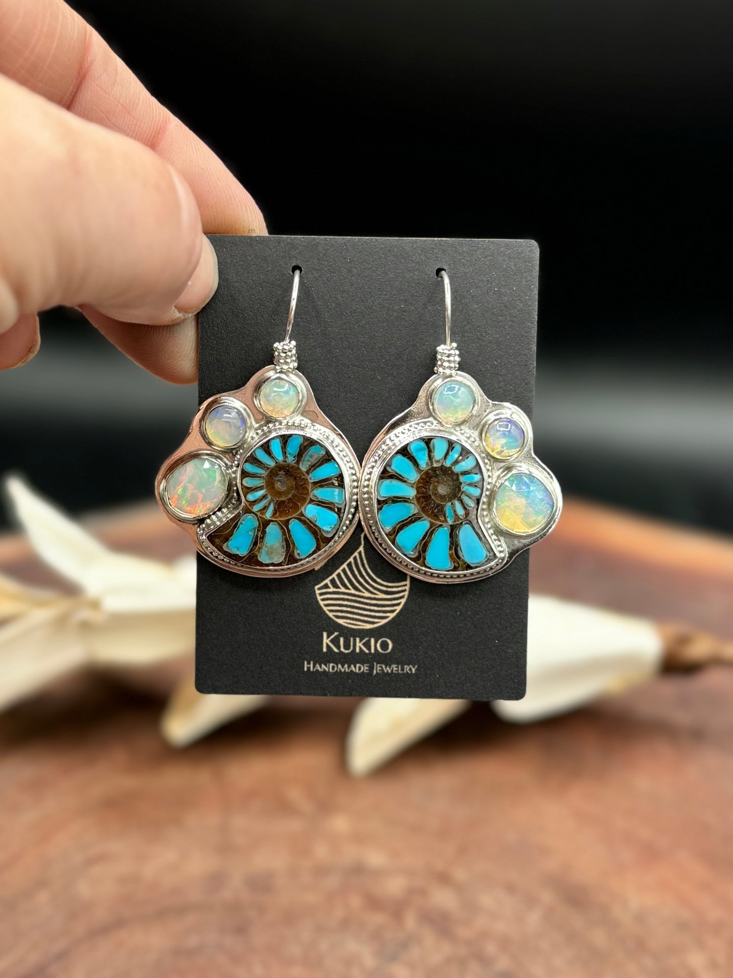 Ammonite with Turquoise Inlay and Opal Earrings