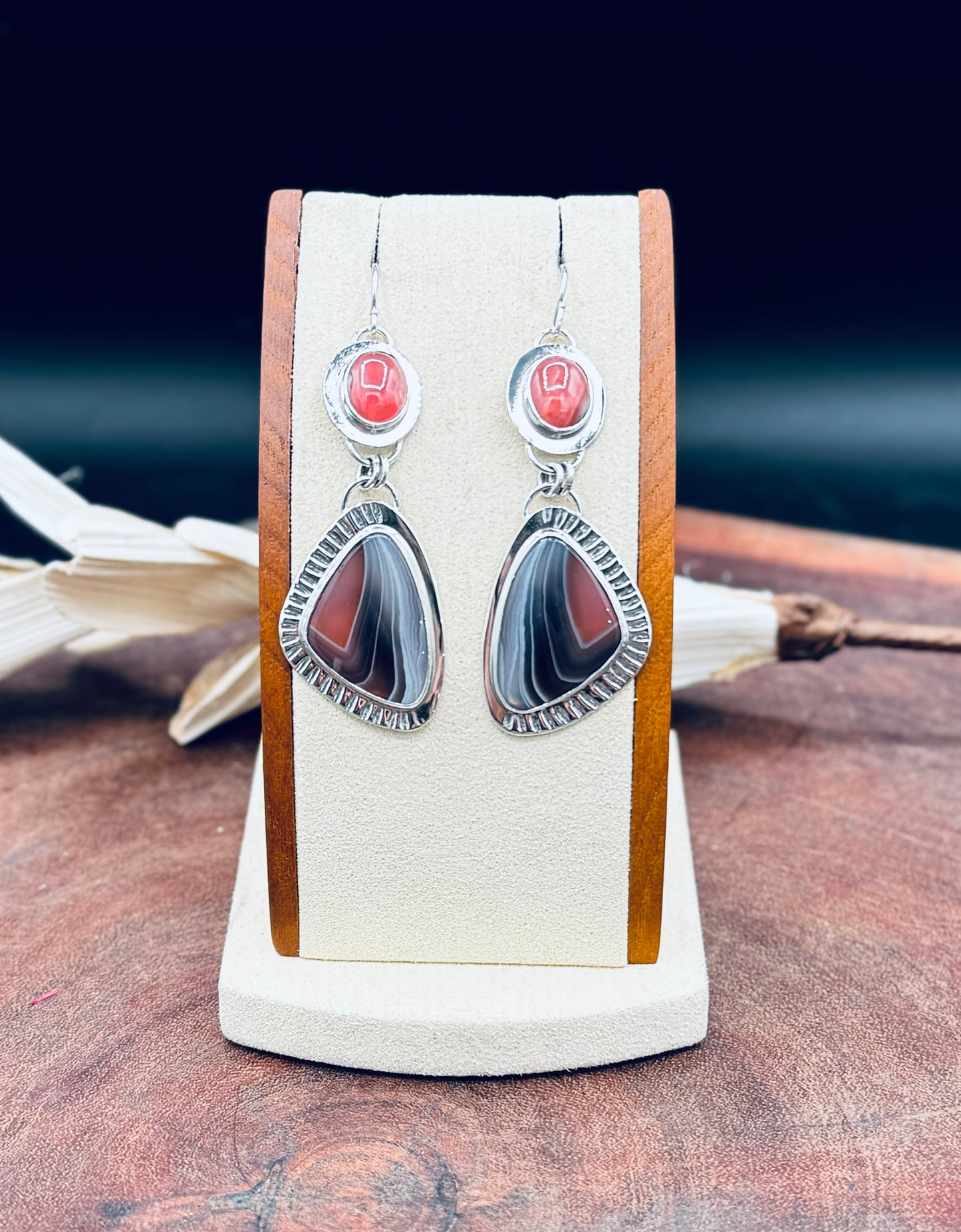 Botswana Agate and Rhodorosite Sterling Silver Earrings