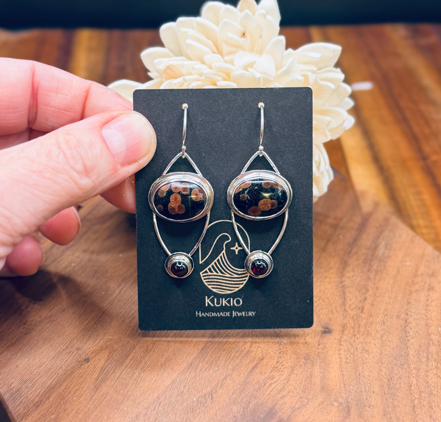 Sterling Silver Peanut Obsidian and Garnet Earrings