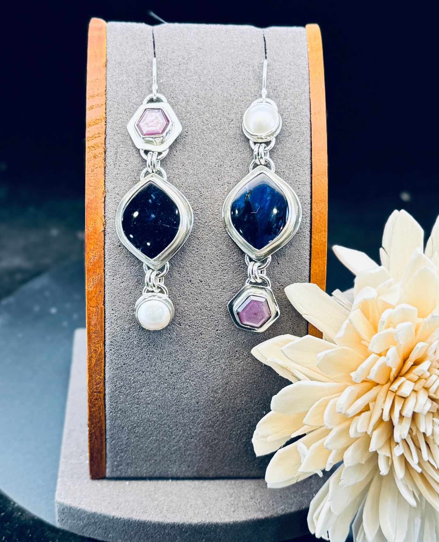 Sterling Silver Lapis with Silky Sapphire and Fresh Water Pearl Earrings