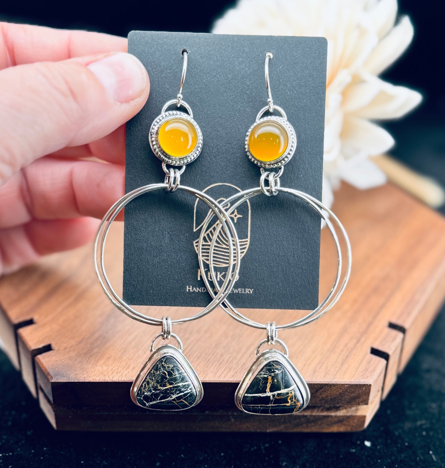 Iron Buffalo and Mango Chalcedony Sterling Silver Earrings