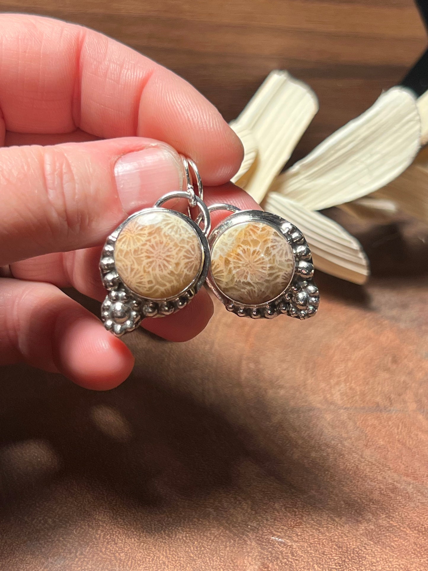 Fossilized Coral Sterling Silver Flower Earrings