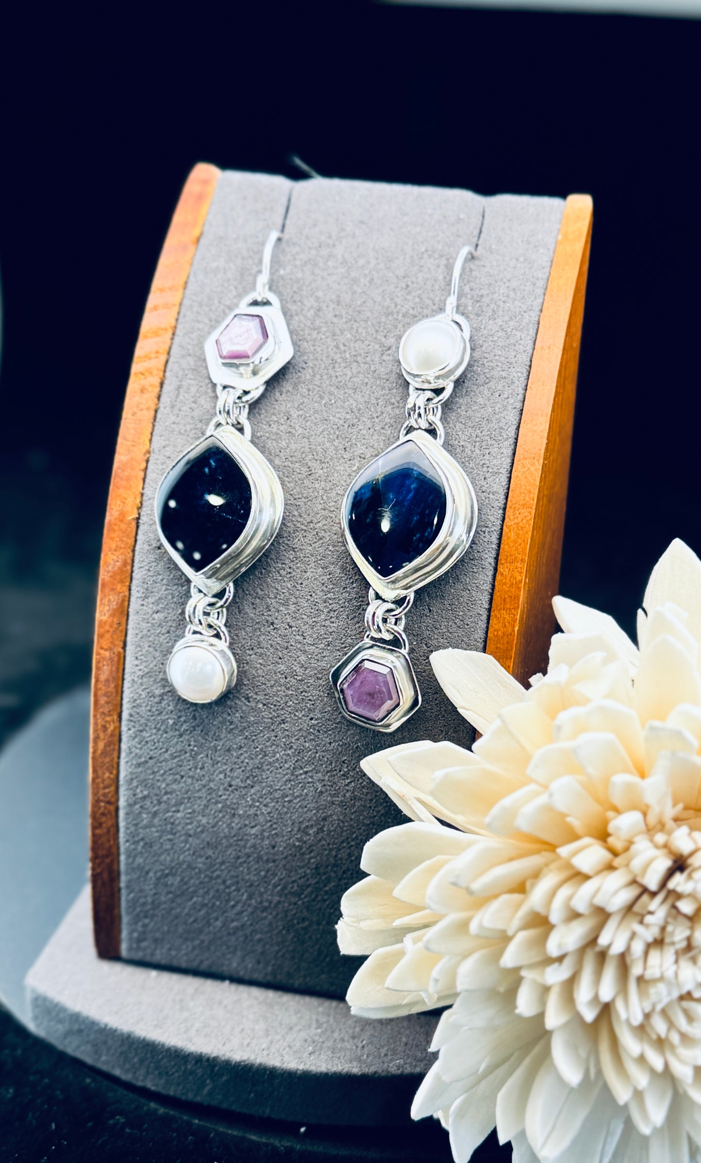 Sterling Silver Lapis with Silky Sapphire and Fresh Water Pearl Earrings