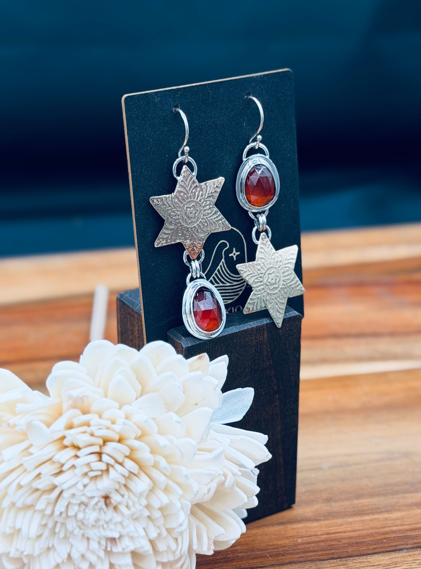 Sterling Silver Hessonite Garnet with Hand rolled Snowflake Stars