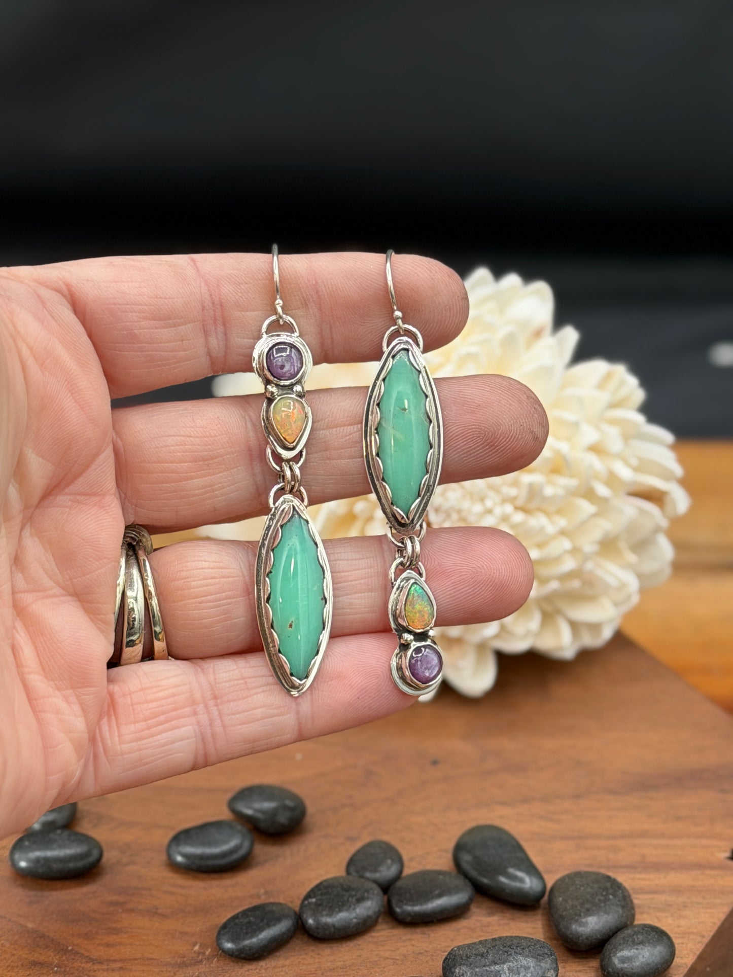 Newman Chrysoprase with Opal and Ruby Sterling Silver Earrings