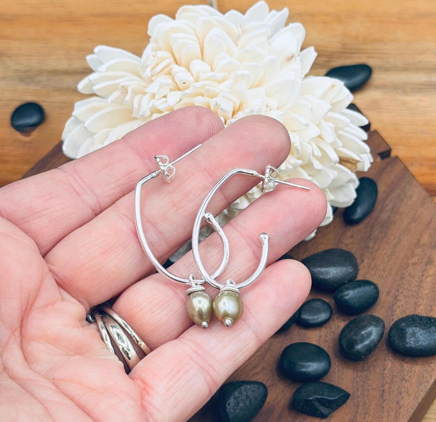 Sterling Silver Green Pearl Wave Earrings