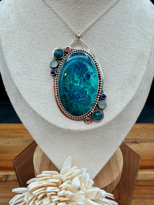 Shattuckite with Azurite Sterling Silver and Gold Fill Pendant