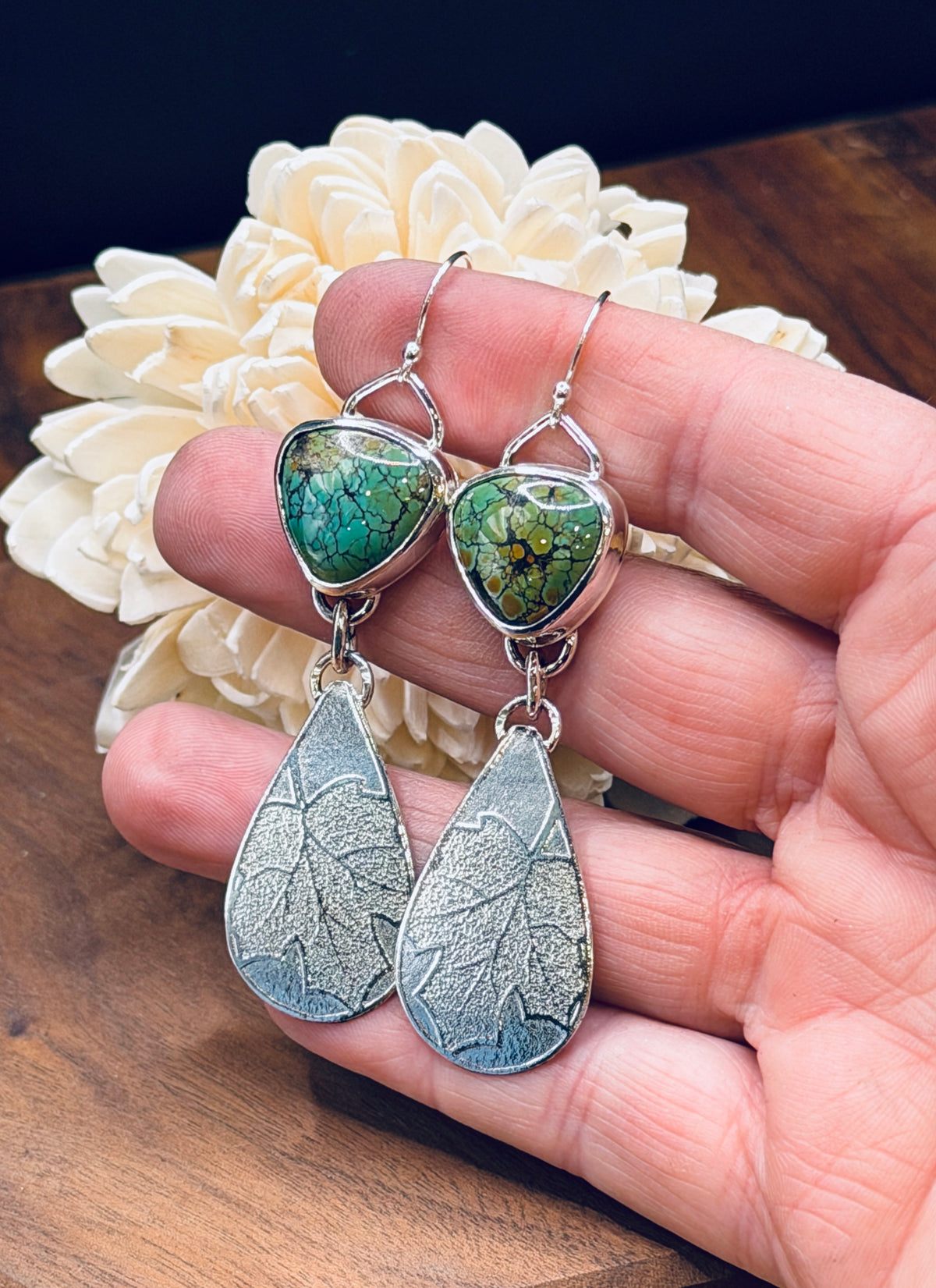 Sterling Silver Turquoise + Silver
Leaf Pattern Earrings