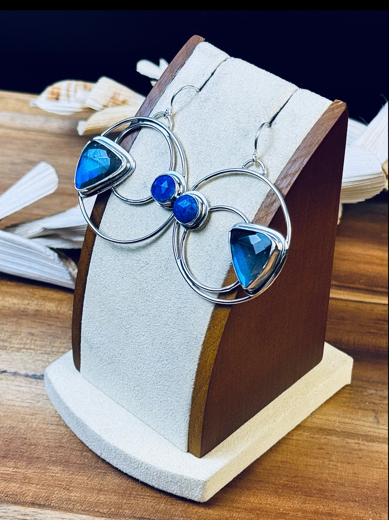 Sterling Silver Labradorite and Lapis Hoop Earrings