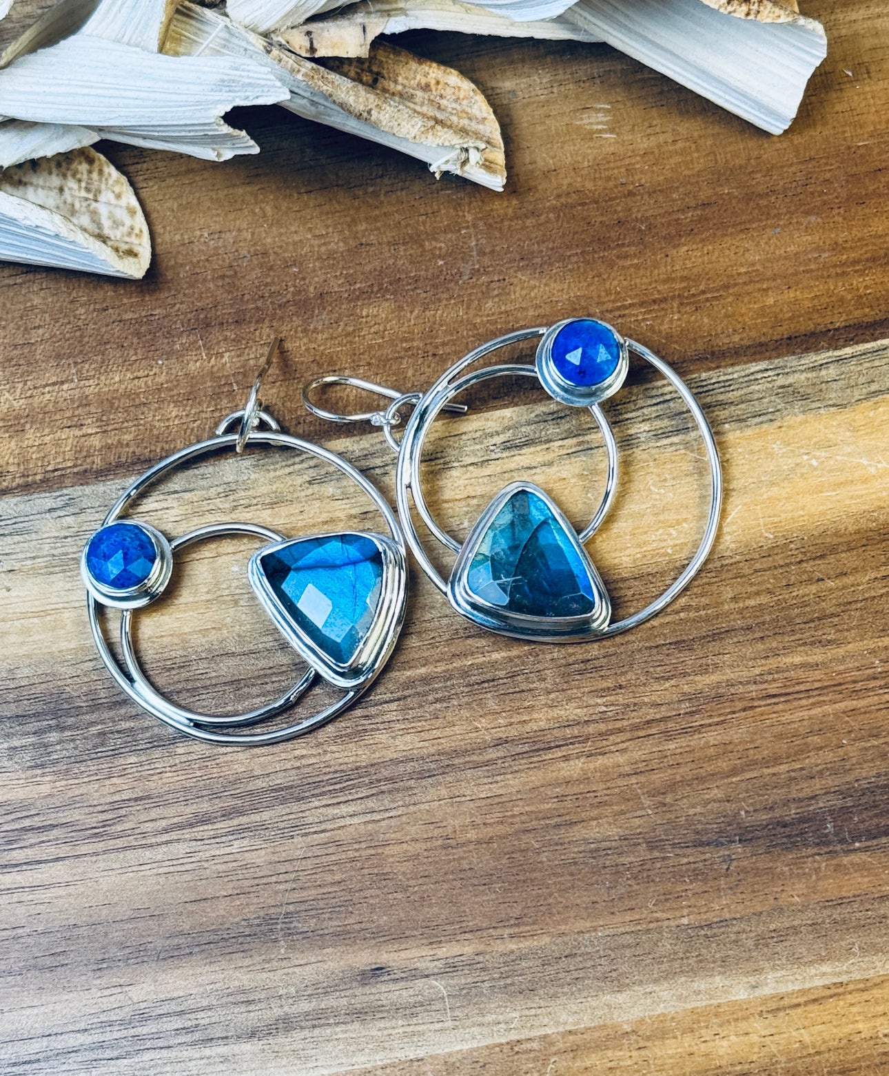Sterling Silver Labradorite and Lapis Hoop Earrings