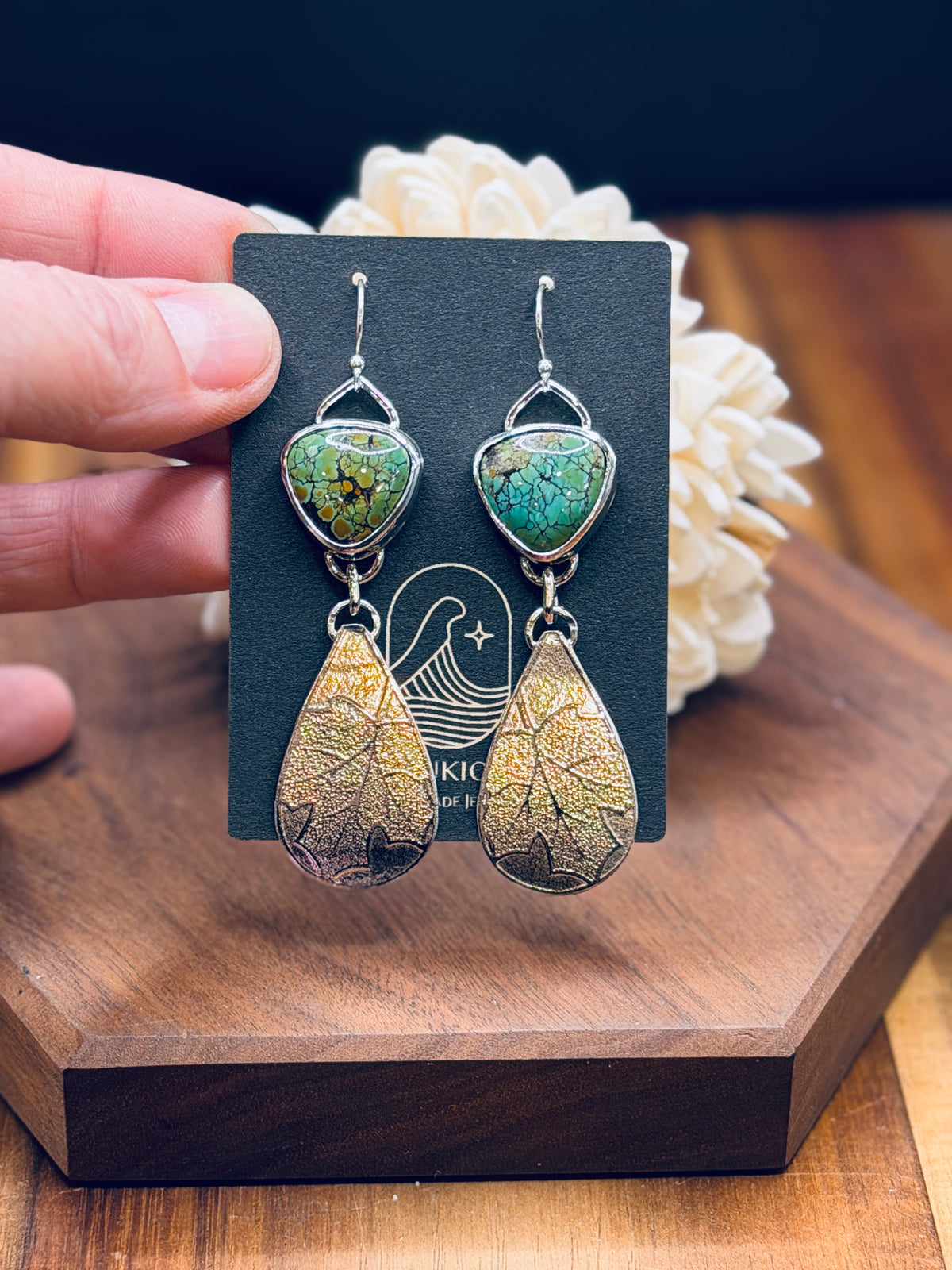 Sterling Silver Turquoise + Silver
Leaf Pattern Earrings