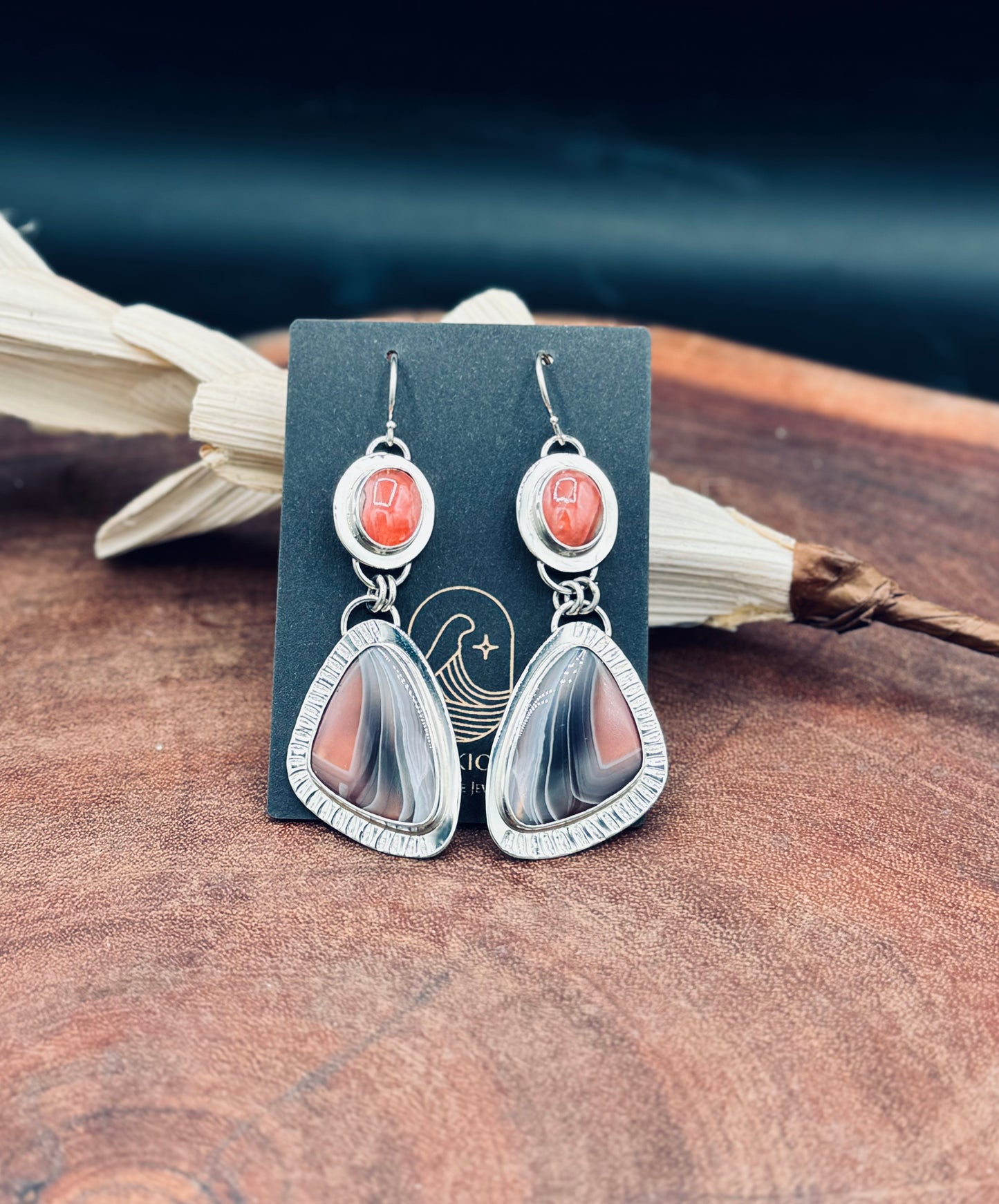 Botswana Agate and Rhodorosite Sterling Silver Earrings