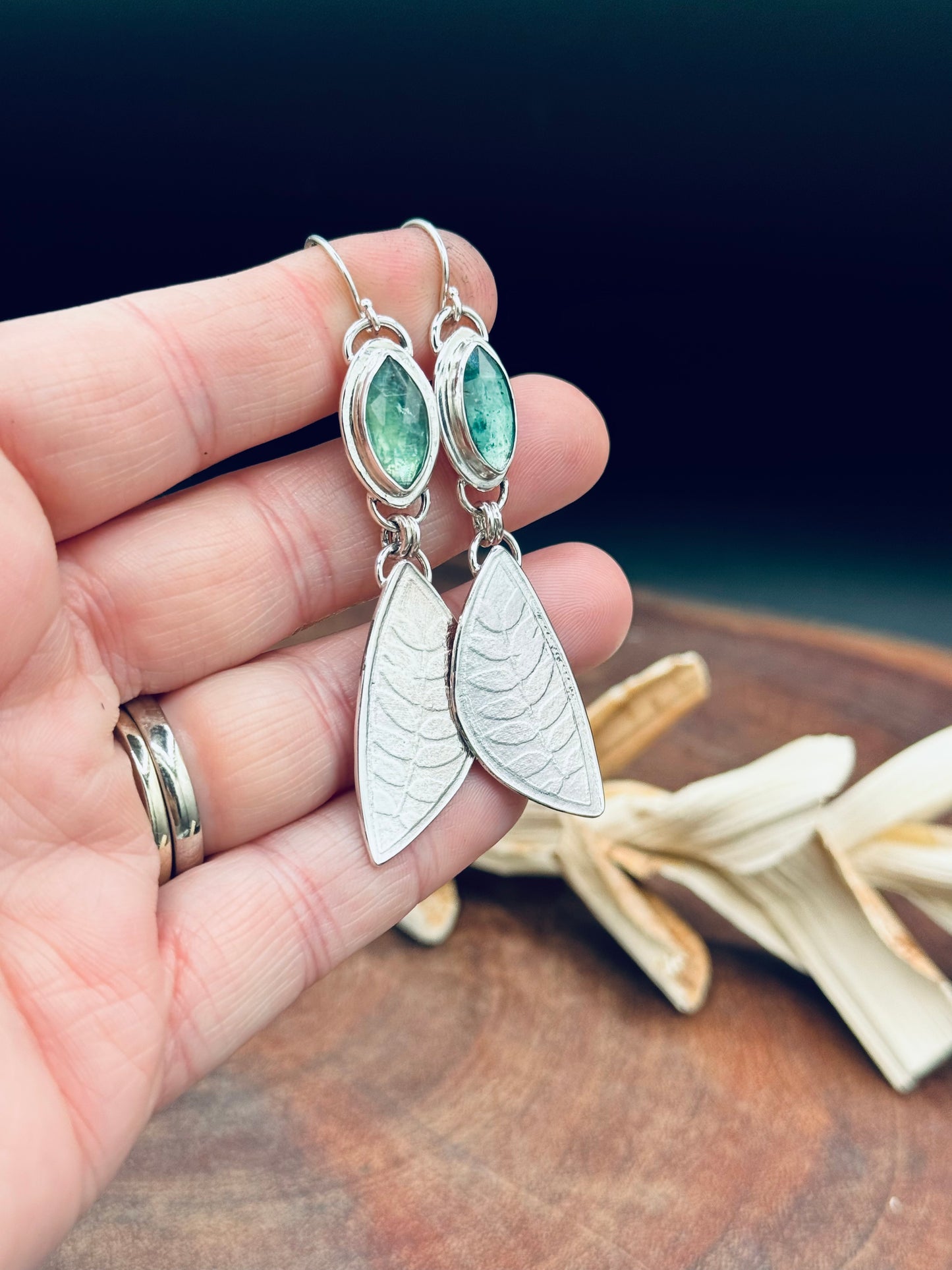 Sterling Silver Minty Green Kyanite Leaf Earrings