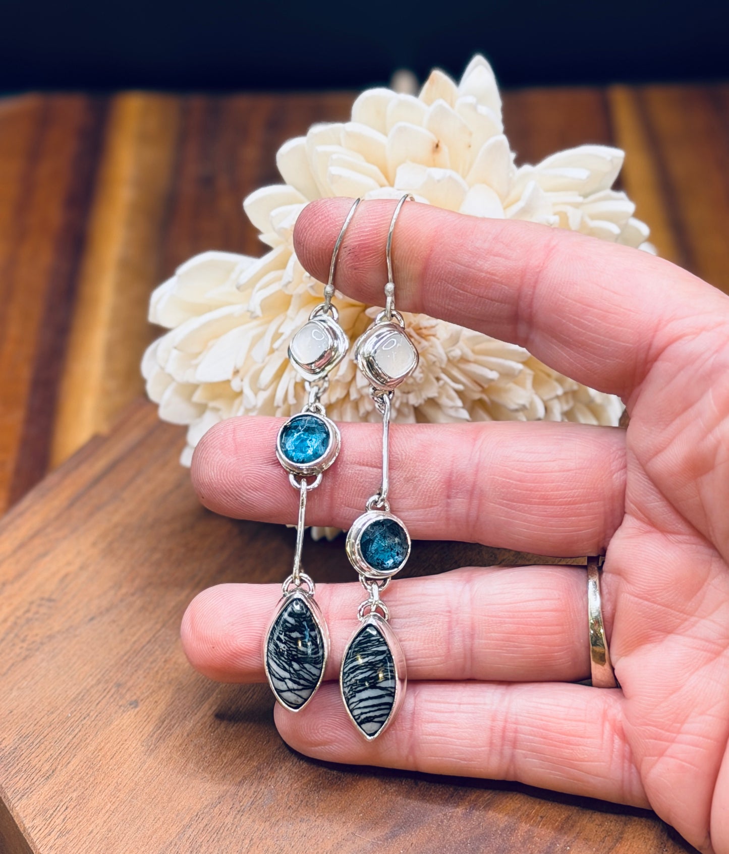 Sterling Silver Spiderweb Jasper with Teal Moss Kyanite and Moonstone Earrings