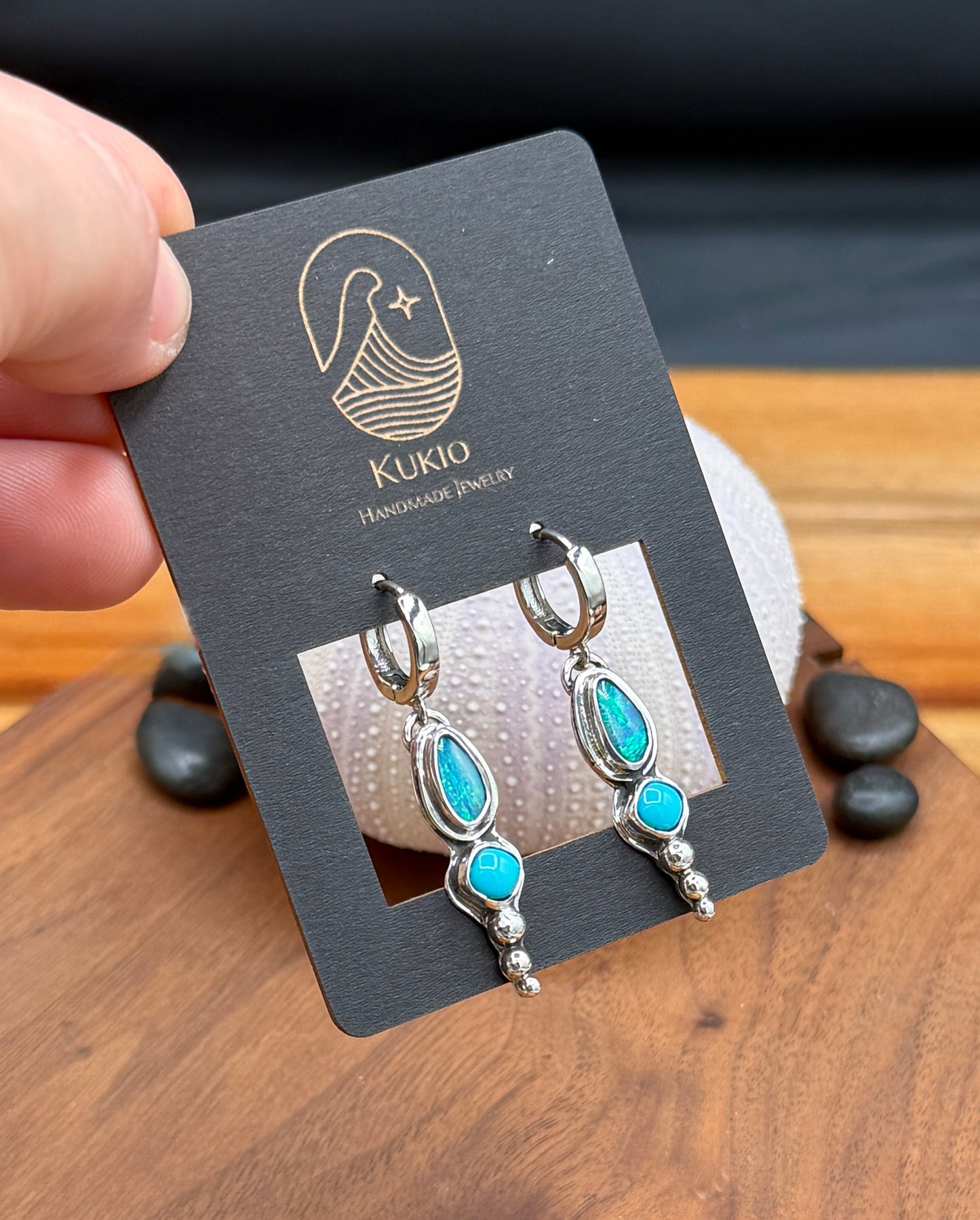 Natural Coober Pedy Opal with Turquoise Huggie Earrings