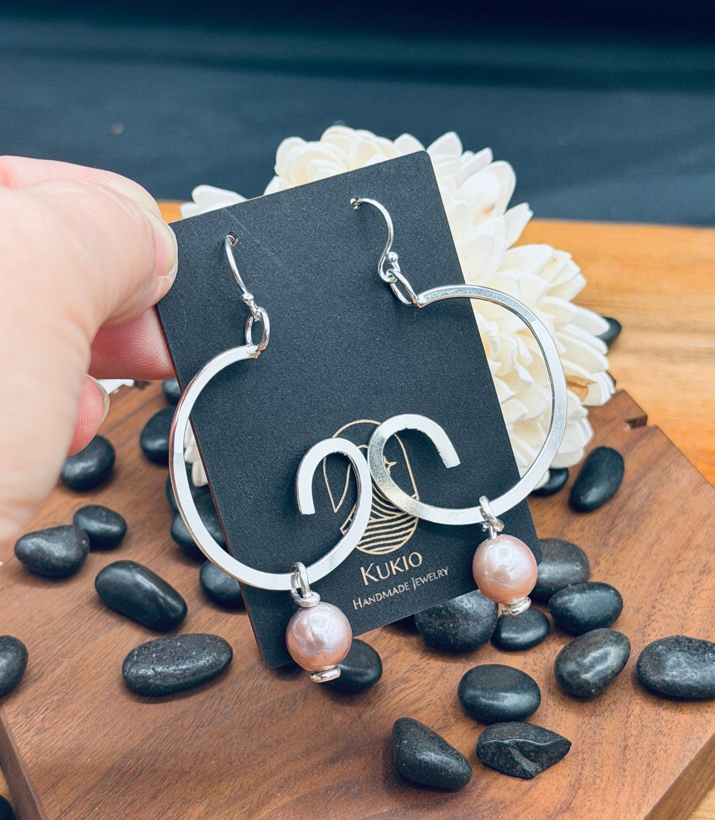 Sterling Silver Pink Edison Pearl Wave Hoops