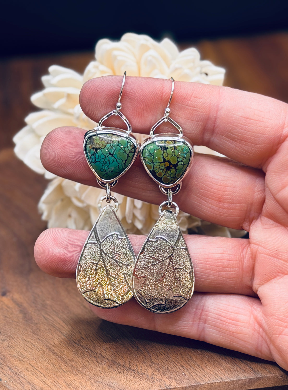 Sterling Silver Turquoise + Silver
Leaf Pattern Earrings