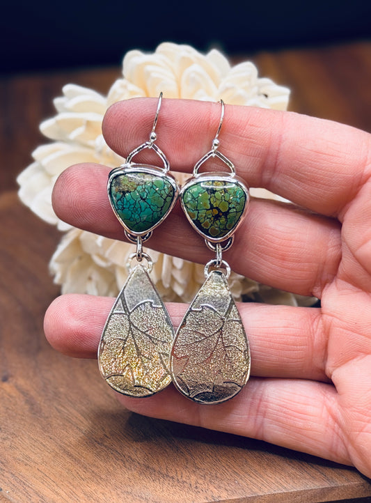 Sterling Silver Turquoise + Silver
Leaf Pattern Earrings