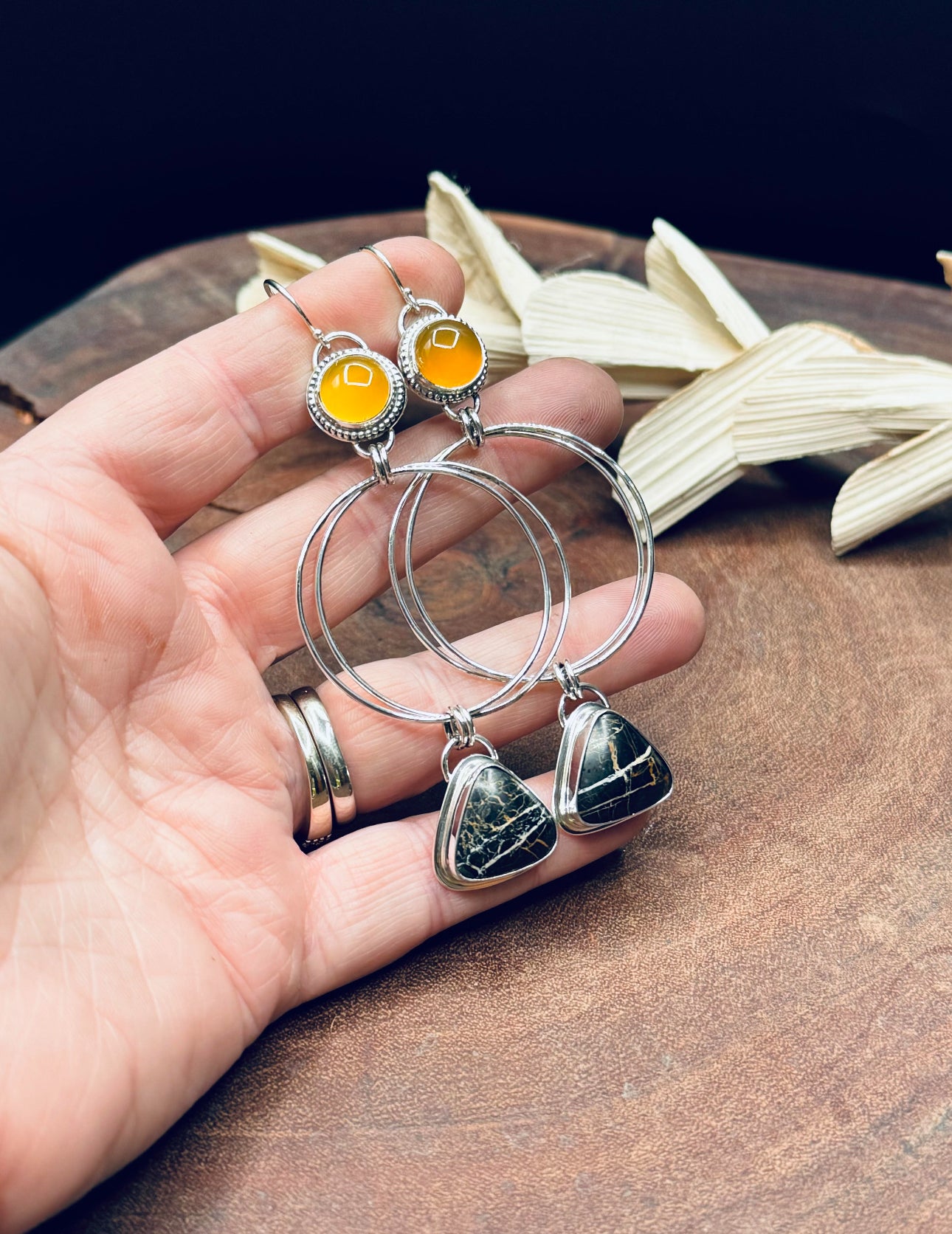 Iron Buffalo and Mango Chalcedony Sterling Silver Earrings