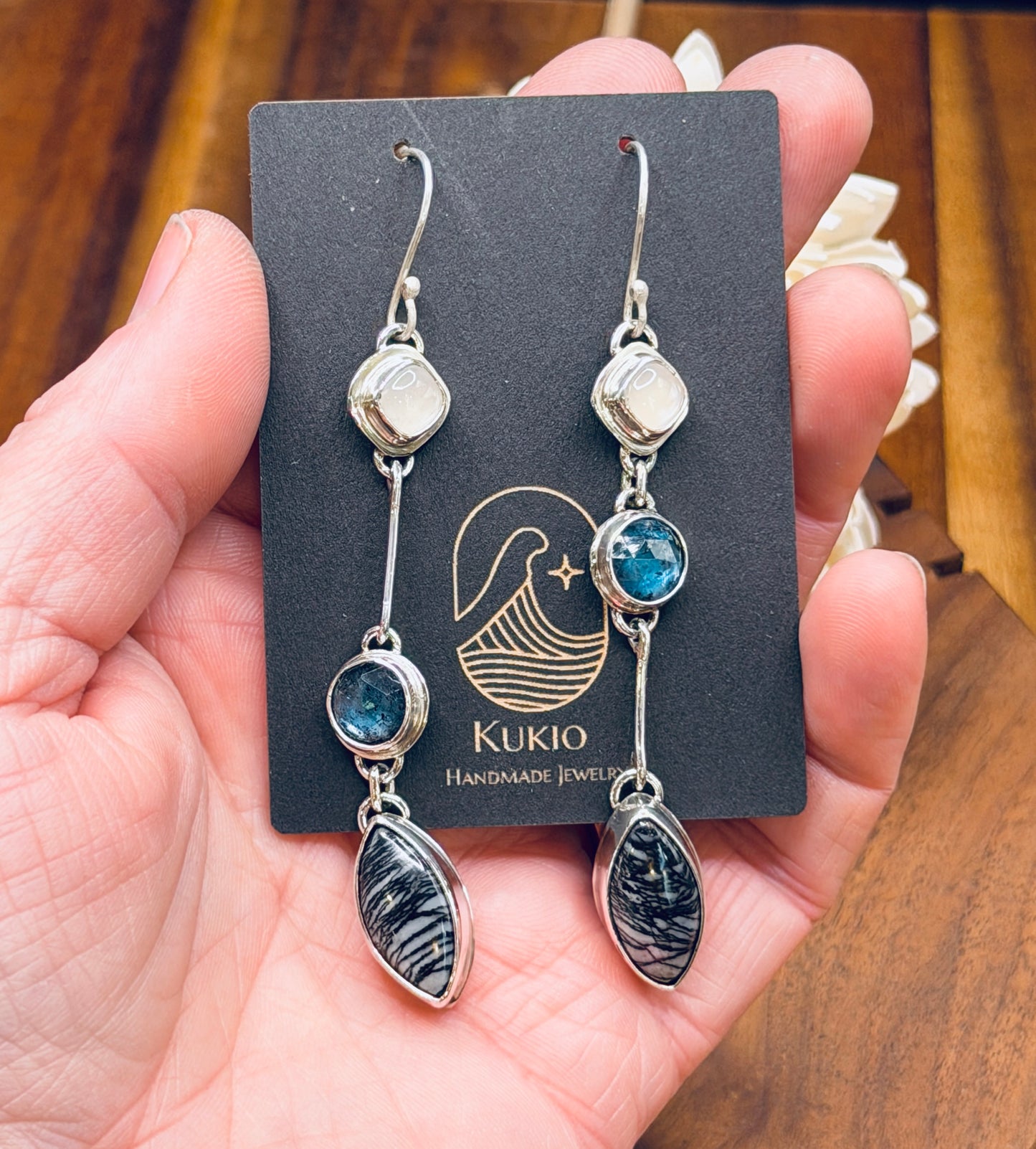 Sterling Silver Spiderweb Jasper with Teal Moss Kyanite and Moonstone Earrings