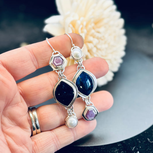 Sterling Silver Lapis with Silky Sapphire and Fresh Water Pearl Earrings