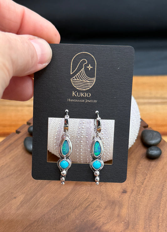 Natural Coober Pedy Opal with Turquoise Huggie Earrings
