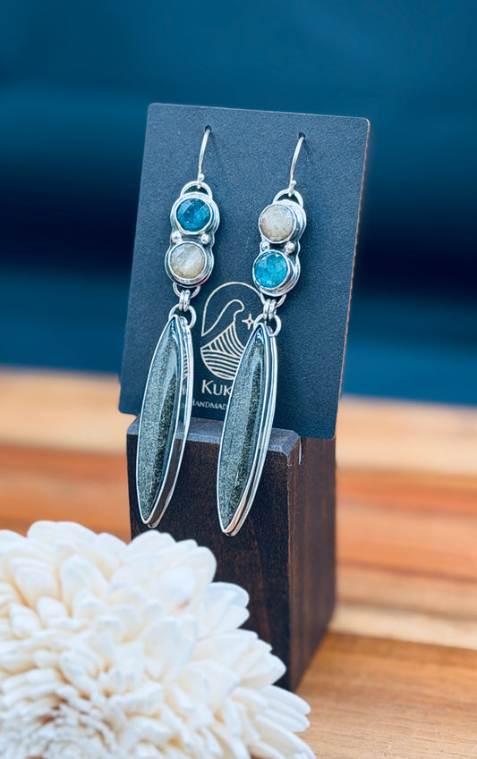 Gold Sheen Obsidian with Sapphires and Kyanite Sterling Silver Earrings