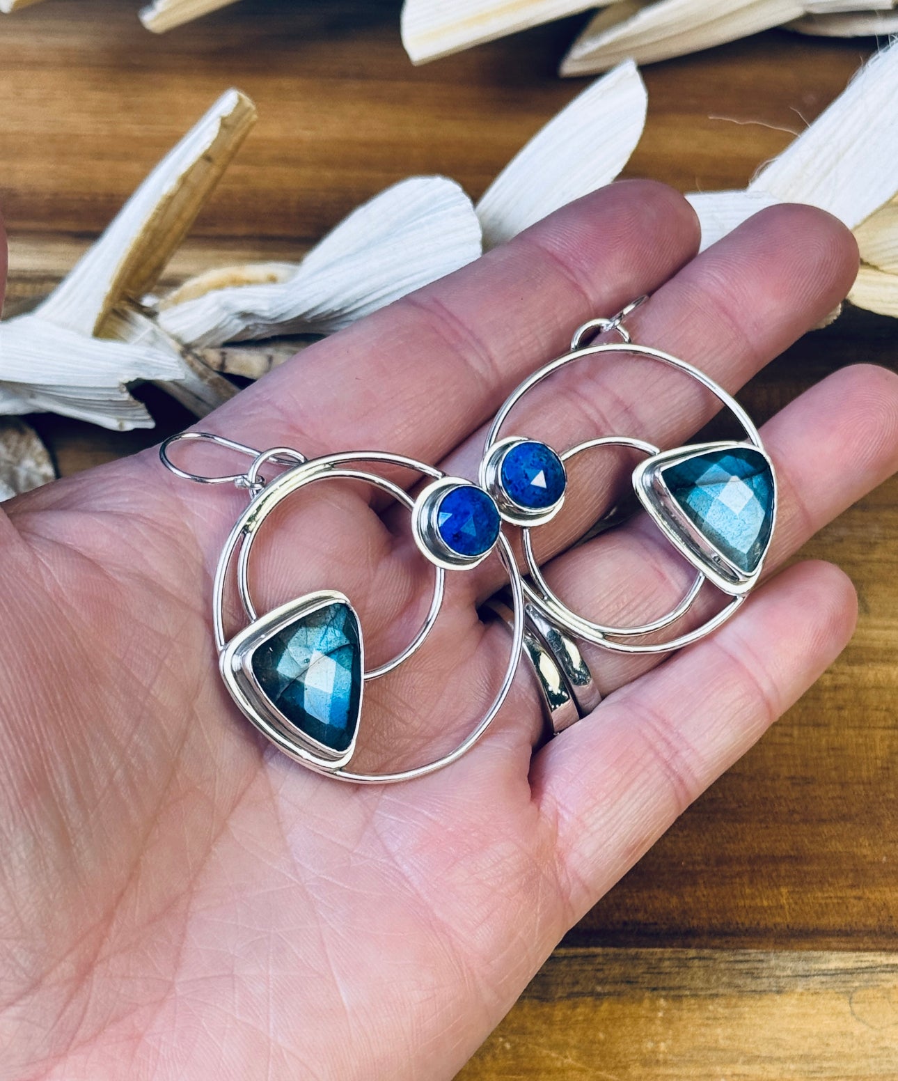 Sterling Silver Labradorite and Lapis Hoop Earrings