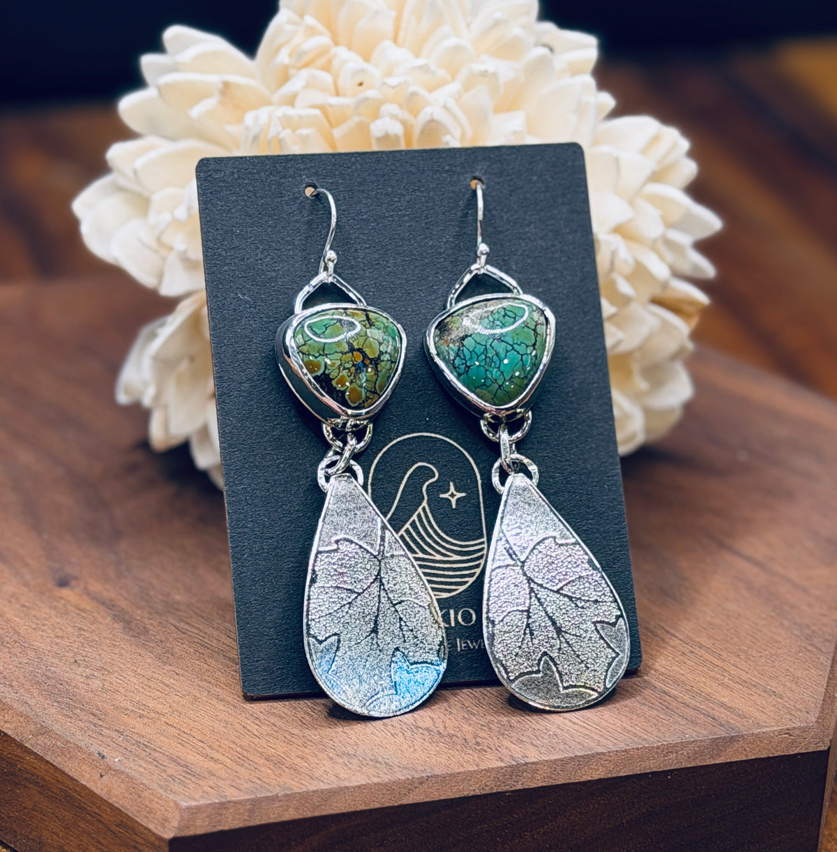 Sterling Silver Turquoise + Silver
Leaf Pattern Earrings