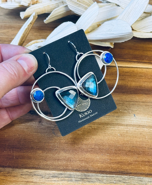Sterling Silver Labradorite and Lapis Hoop Earrings
