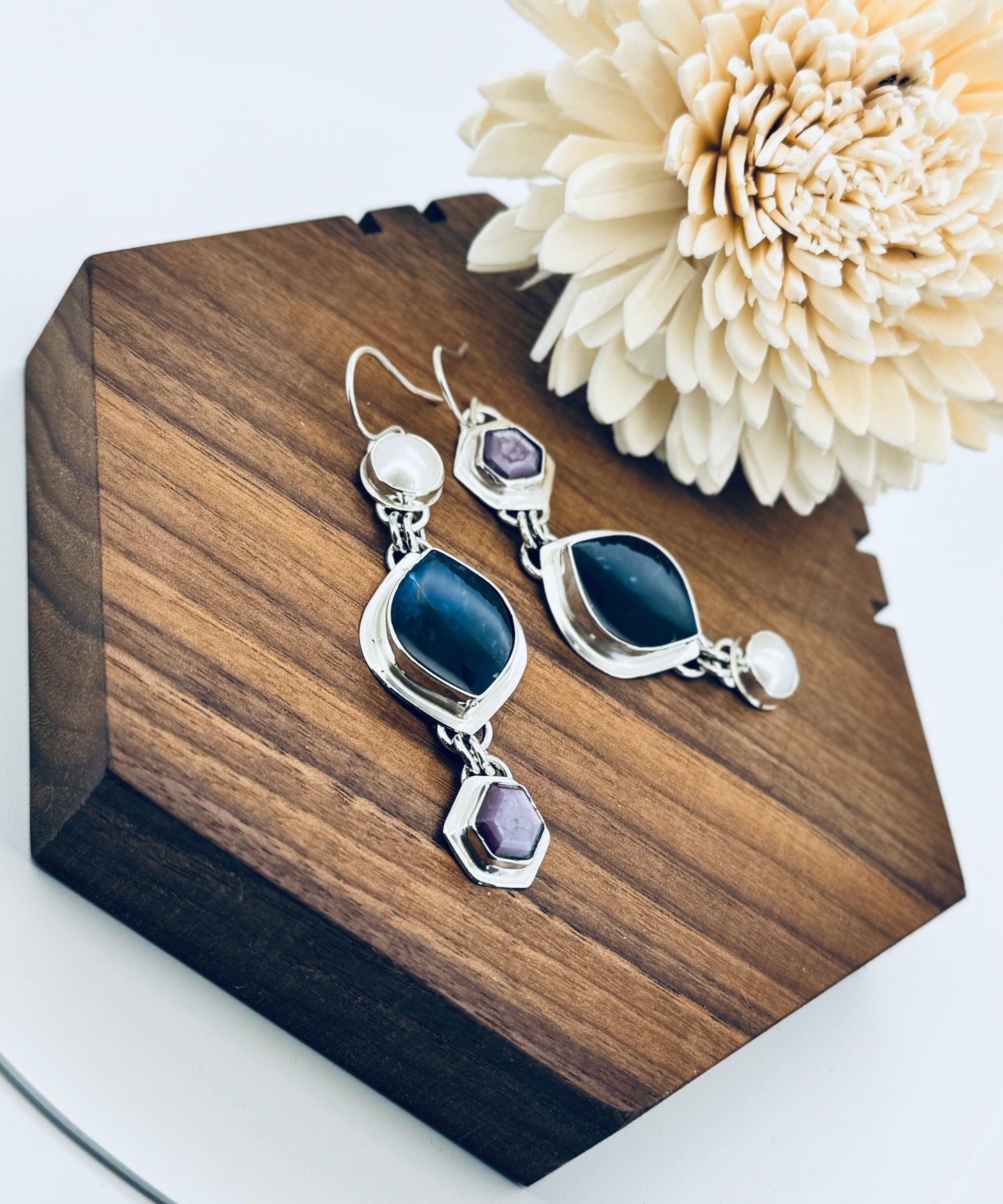 Sterling Silver Lapis with Silky Sapphire and Fresh Water Pearl Earrings