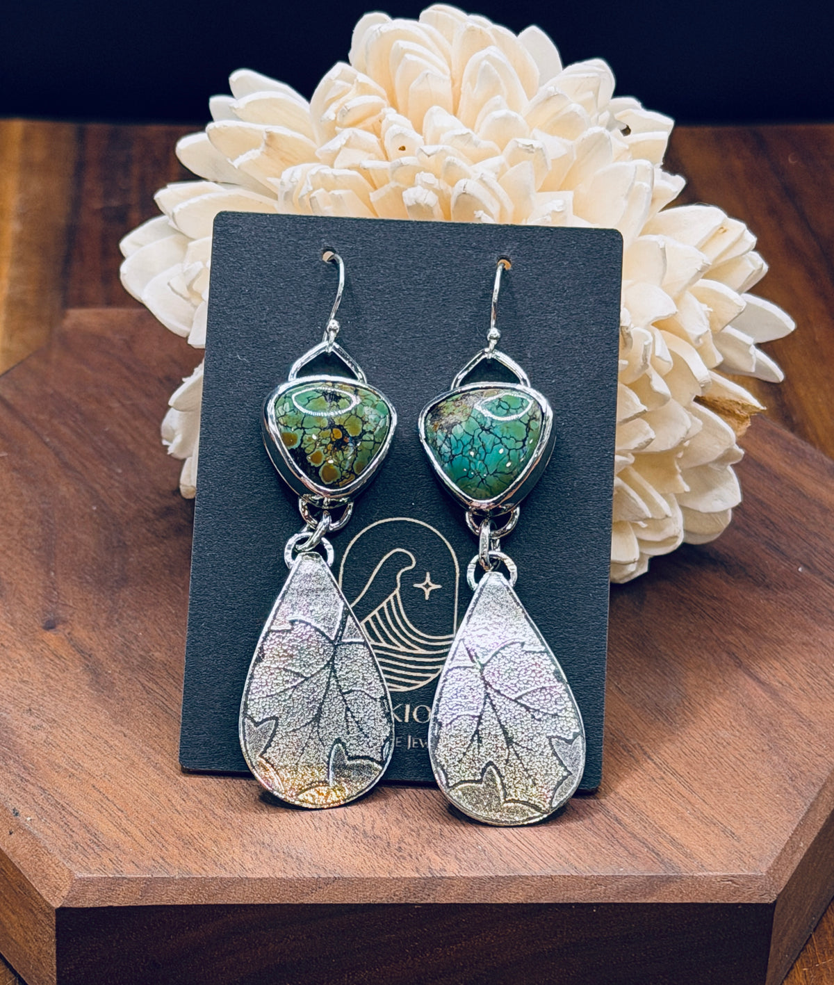 Sterling Silver Turquoise + Silver
Leaf Pattern Earrings