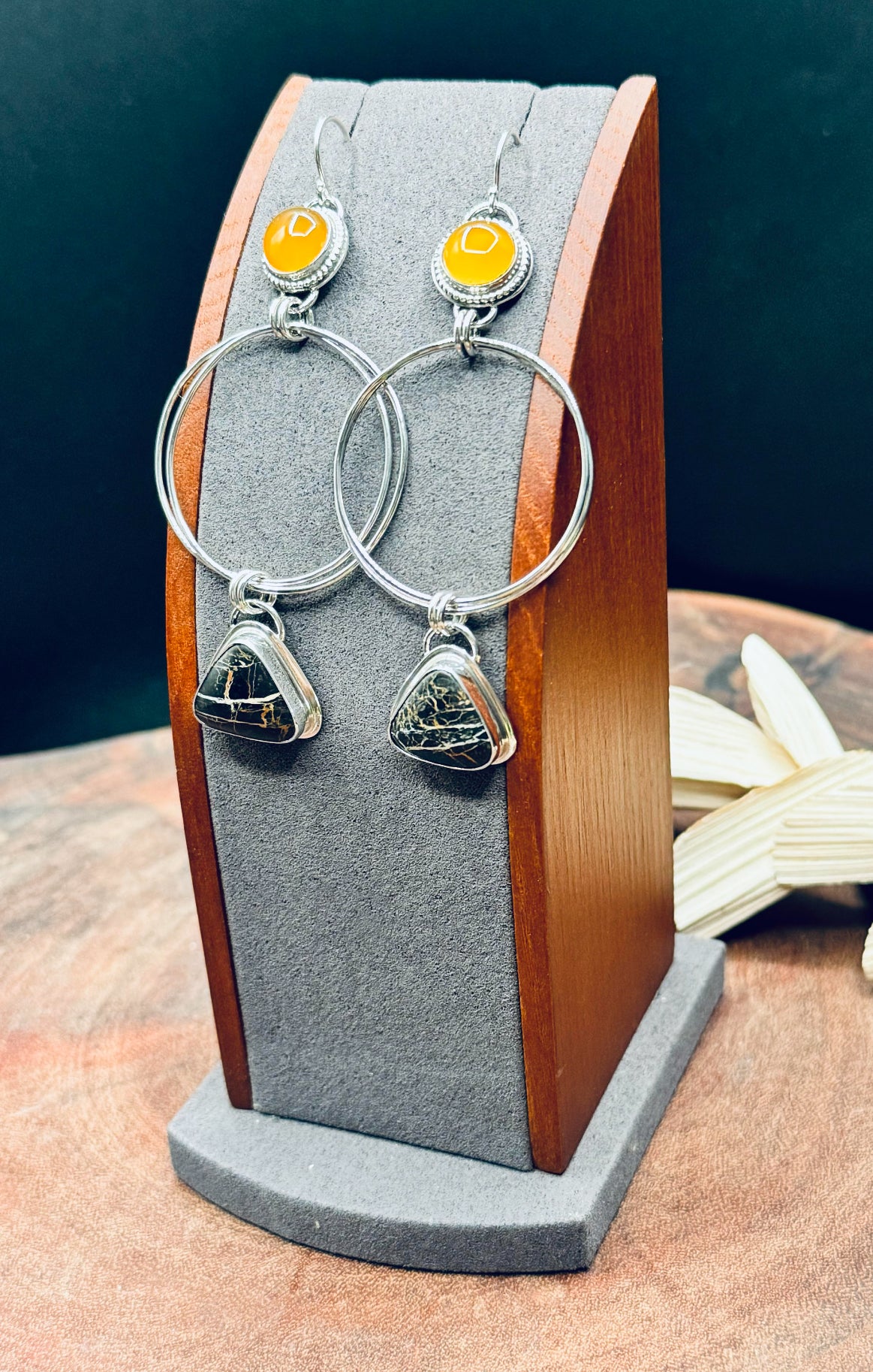 Iron Buffalo and Mango Chalcedony Sterling Silver Earrings