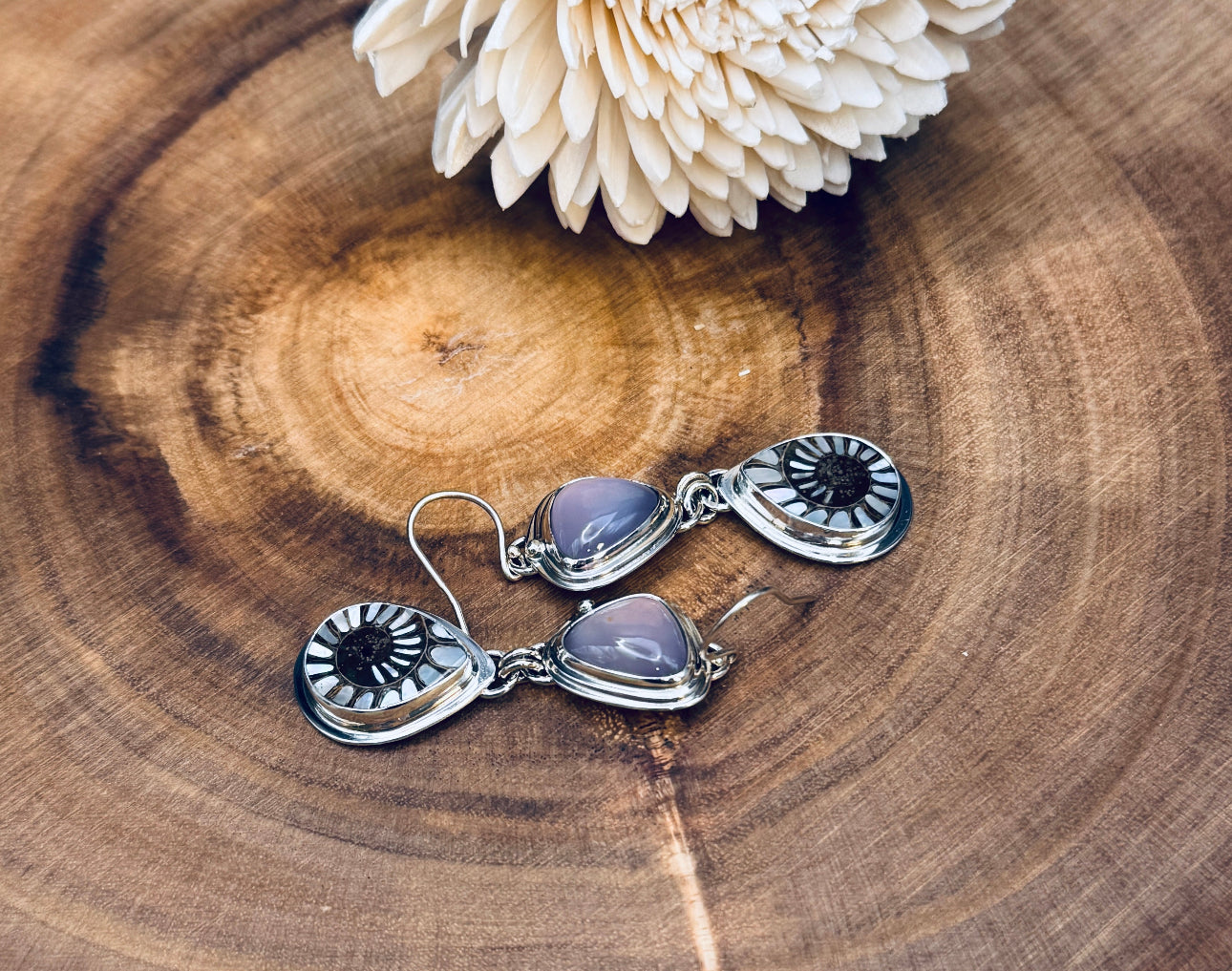 Ammonite with Mother of Pearl Inlay and Lilac Chalcedony Earrings