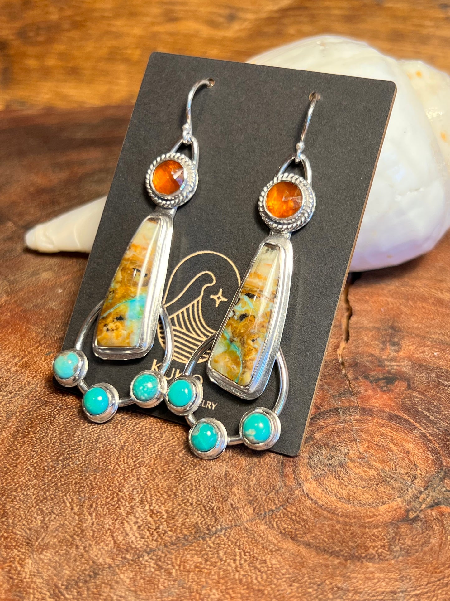 Opalized Wood with Orange Kyanite and Turquoise Dangle Earrings
