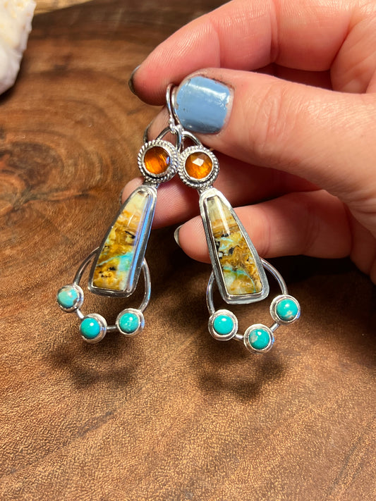 Opalized Wood with Orange Kyanite and Turquoise Dangle Earrings