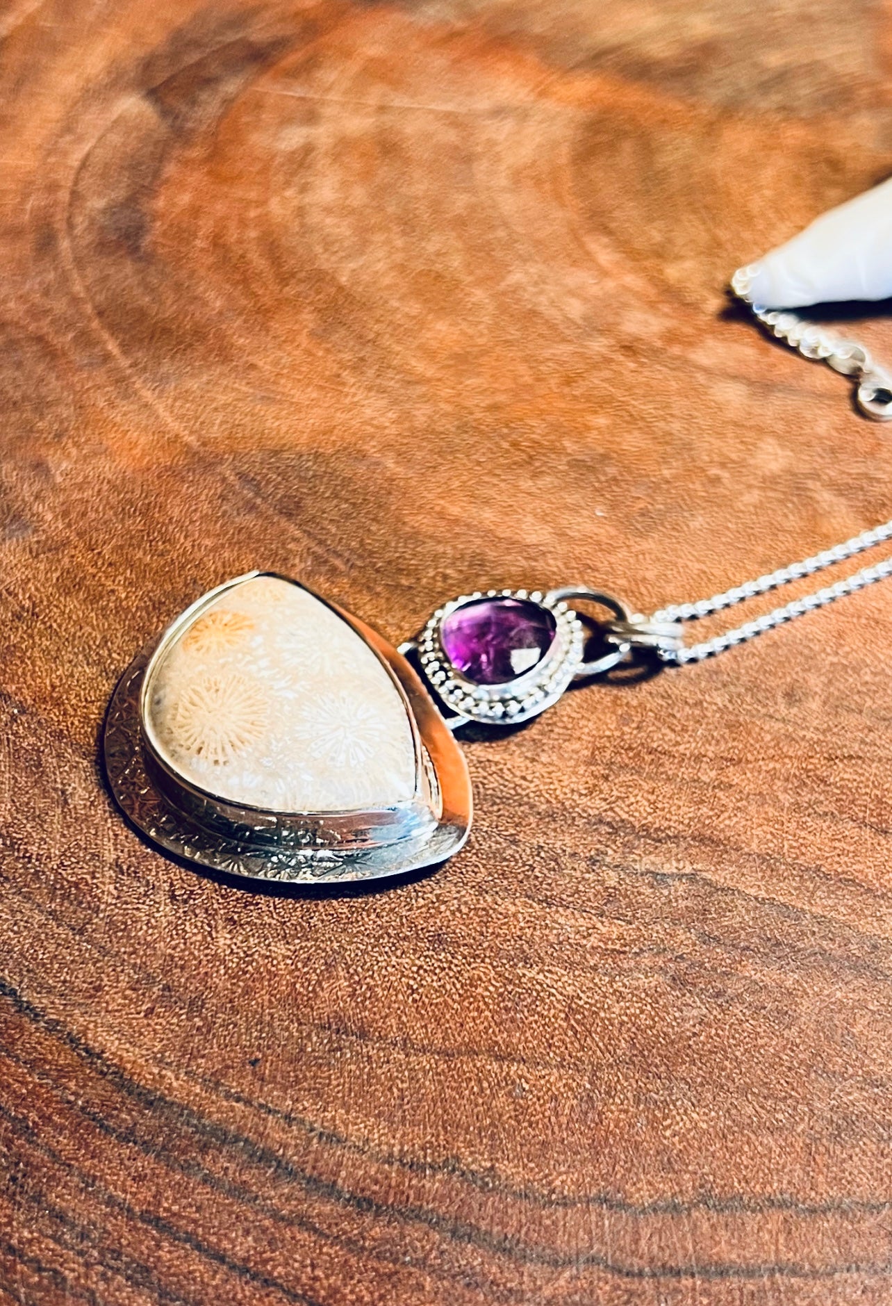 Fossilized Coral and Amethyst Pendant