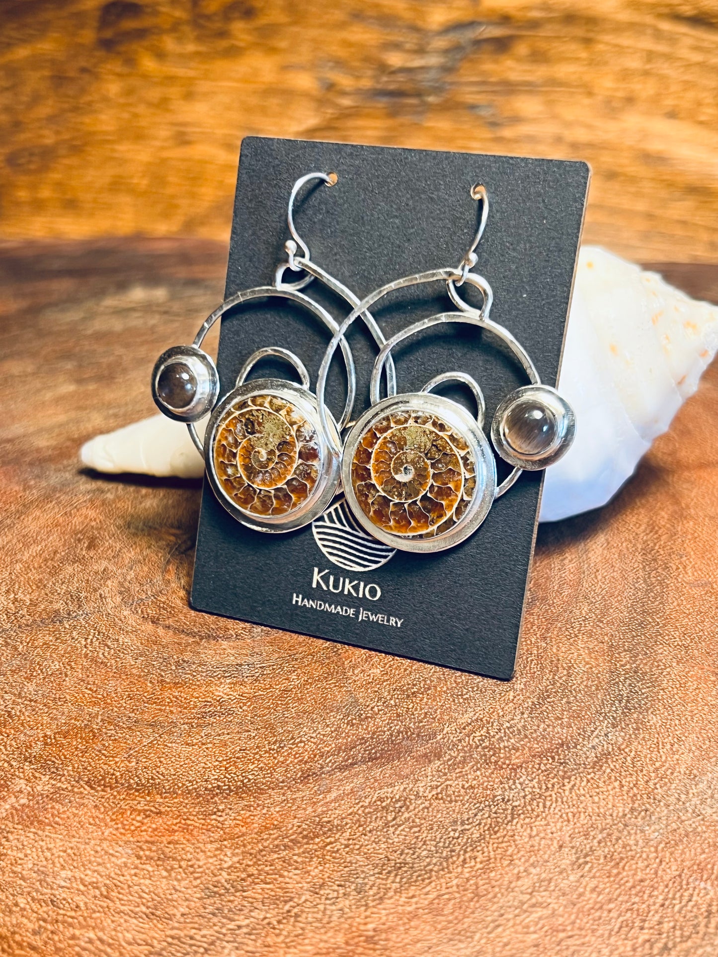 Ammonite and Black Moonstone Sterling Silver Earrings