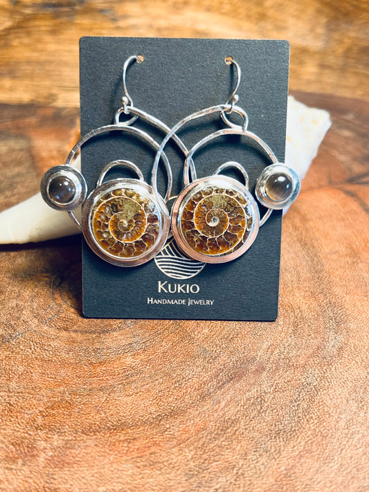 Ammonite and Black Moonstone Sterling Silver Earrings