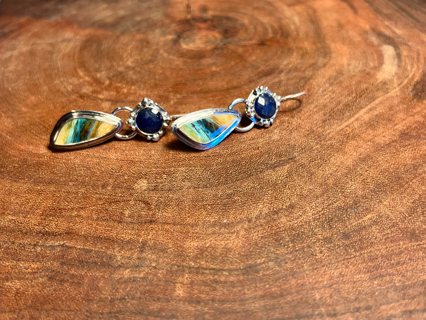 Bright Opalized Wood and Sapphire Sterling Silver Earrings