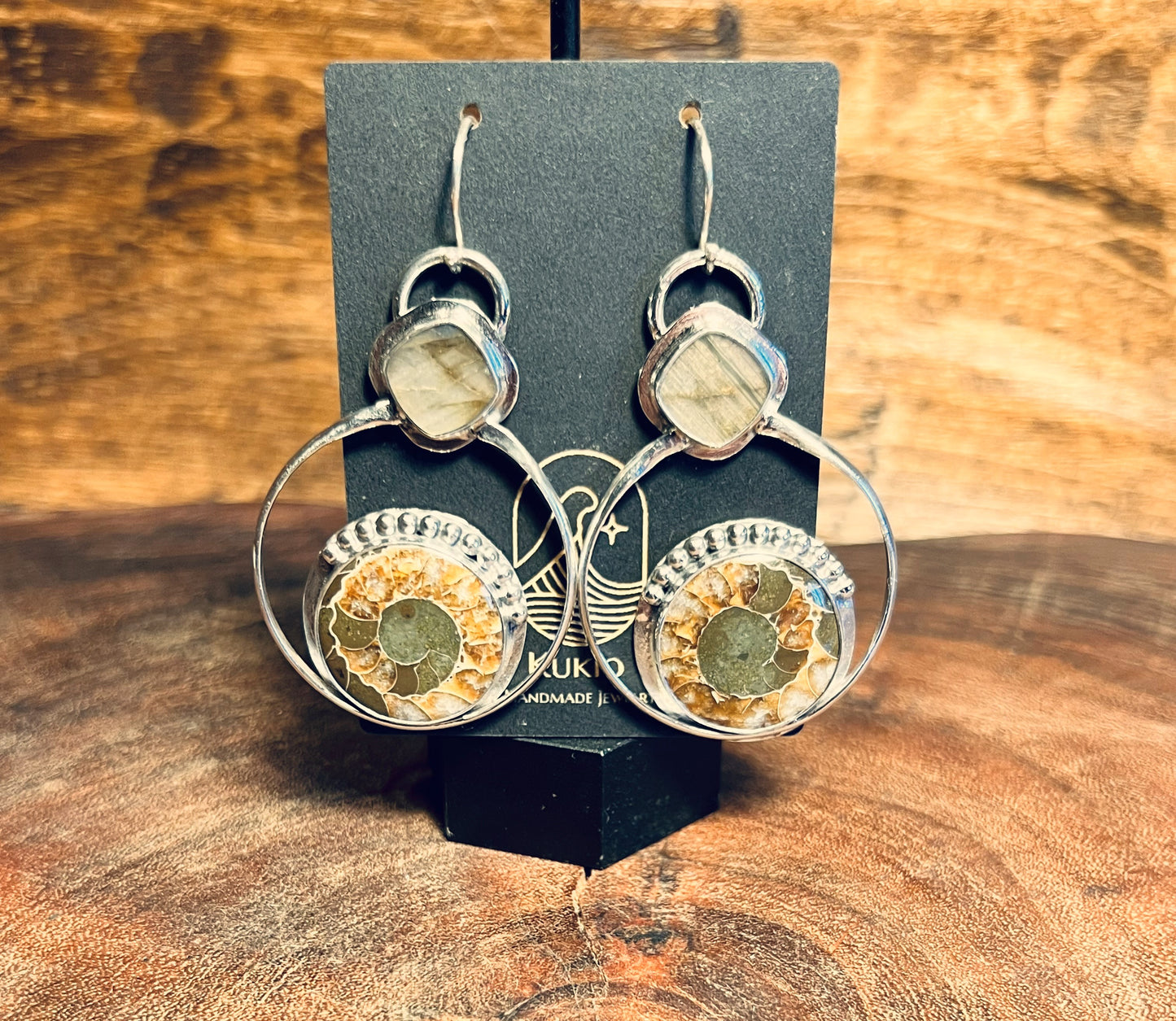 Ammonite And Labradorite Sterling Silver Hoop Earrings