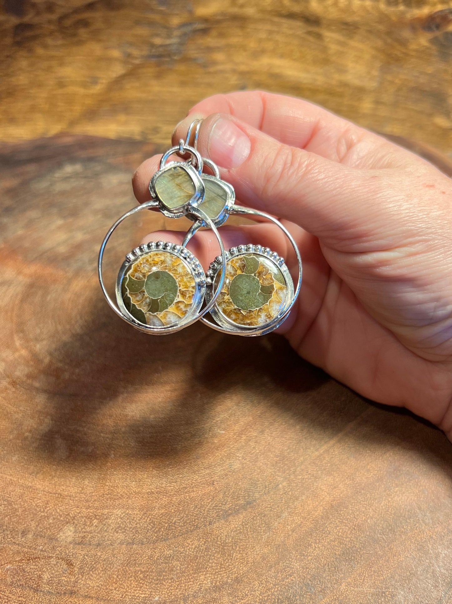 Ammonite And Labradorite Sterling Silver Hoop Earrings