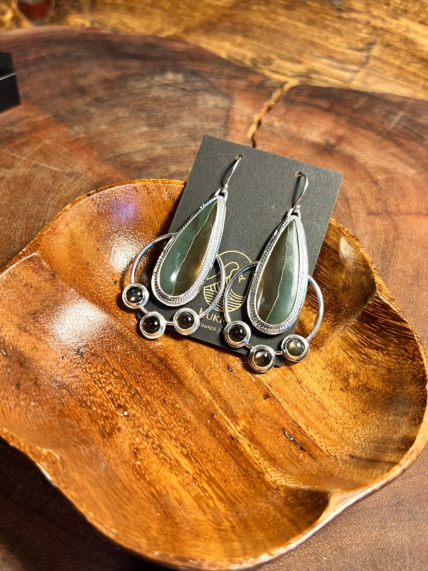 Polychrome Jasper and Black Moonstone Sterling Silver Earrings