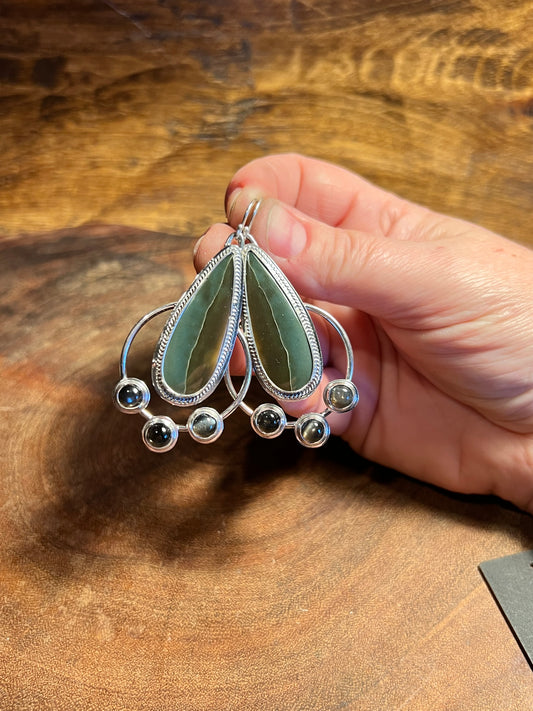 Polychrome Jasper and Black Moonstone Sterling Silver Earrings